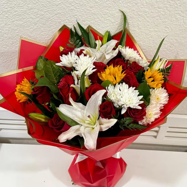 Red Roses, Lilies and Sunflower Bouquet