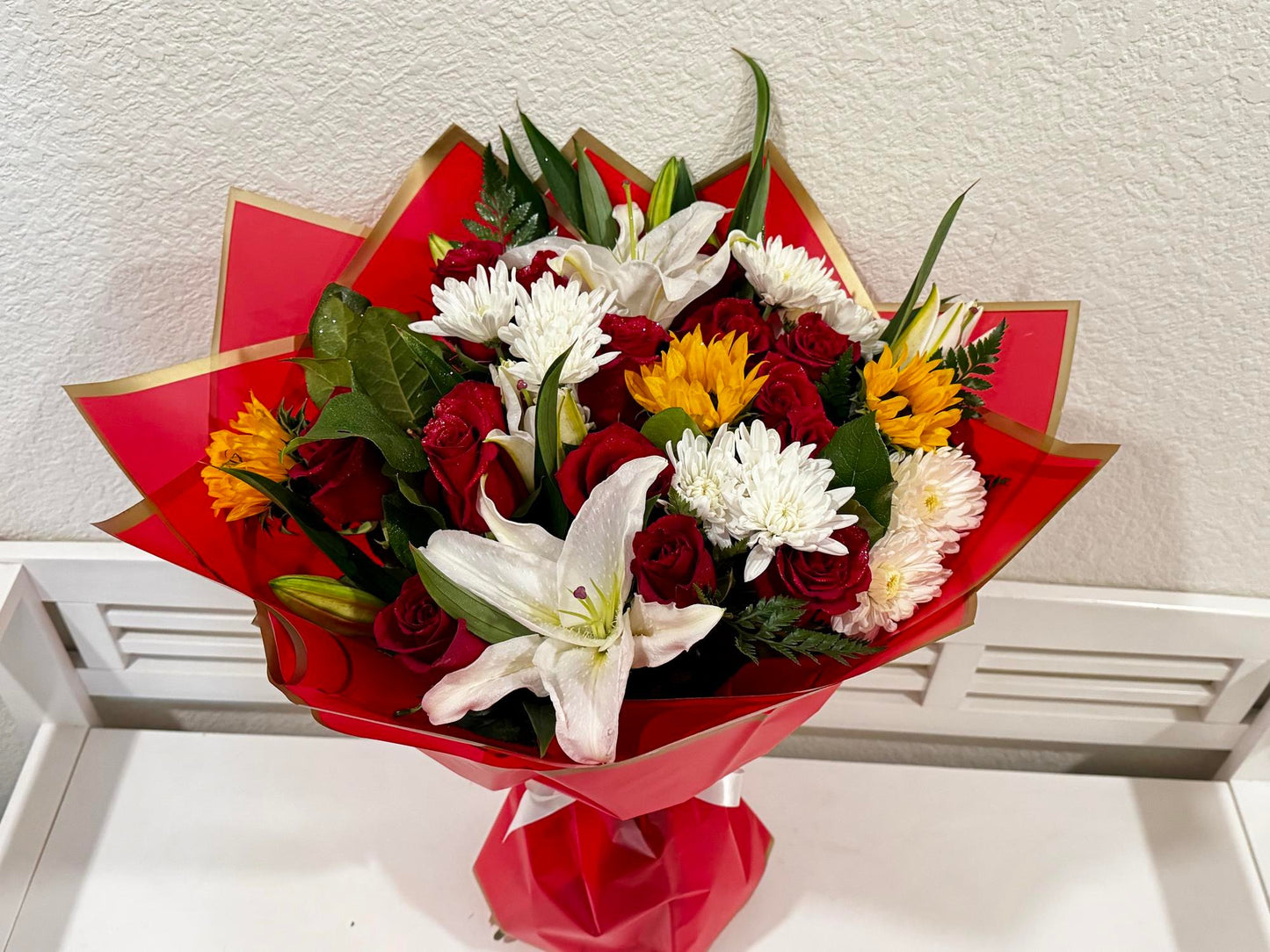 Red Roses, Lilies and Sunflower